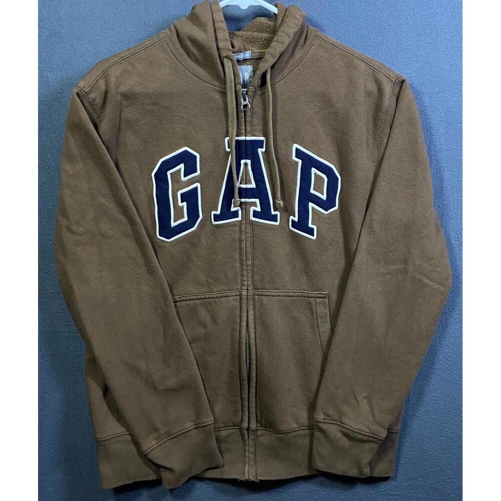GAP Spellout Logo Zip Hoodies Kanga Pockets Cotton Fleece Mens Small 21x24 Brown